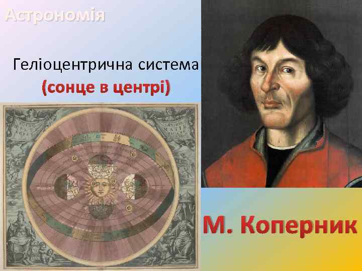 Астрономія Геліоцентрична система (сонце в центрі) М. Коперник 