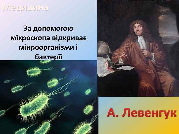 Медицина За допомогою мікроскопа відкриває мікроорганізми і бактерії А. Левенгук 