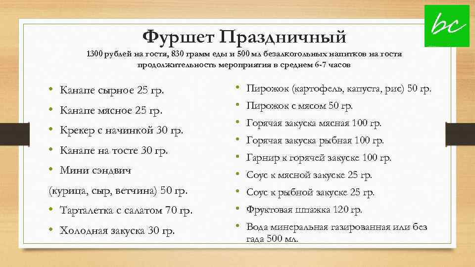 Фуршет Праздничный 1300 рублей на гостя, 830 грамм еды и 500 мл безалкогольных напитков