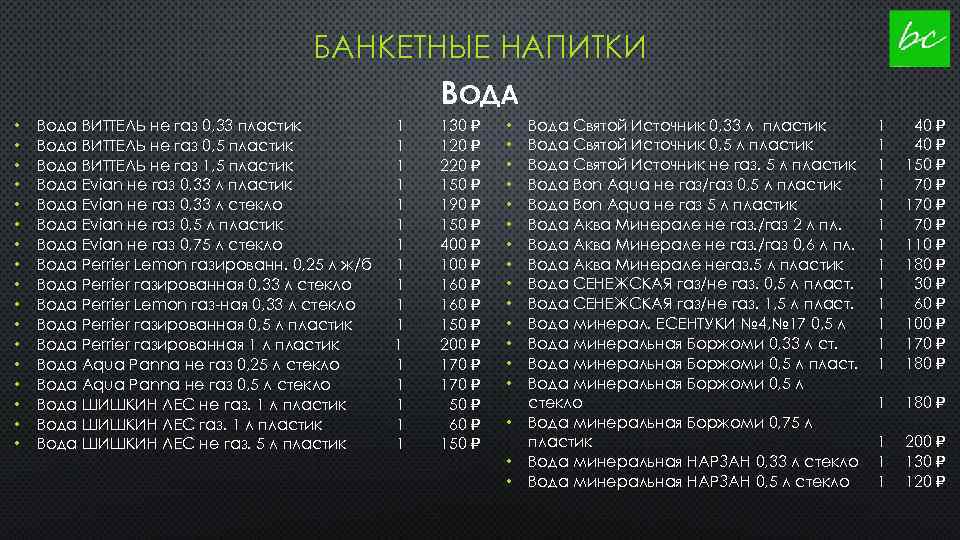 БАНКЕТНЫЕ НАПИТКИ ВОДА • • • • • Вода ВИТТЕЛЬ не газ 0, 33