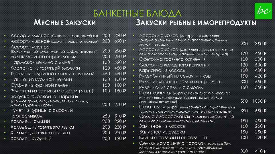 БАНКЕТНЫЕ БЛЮДА МЯСНЫЕ ЗАКУСКИ • • • Ассорти мясное (буженина, язык, ростбиф) 200 390
