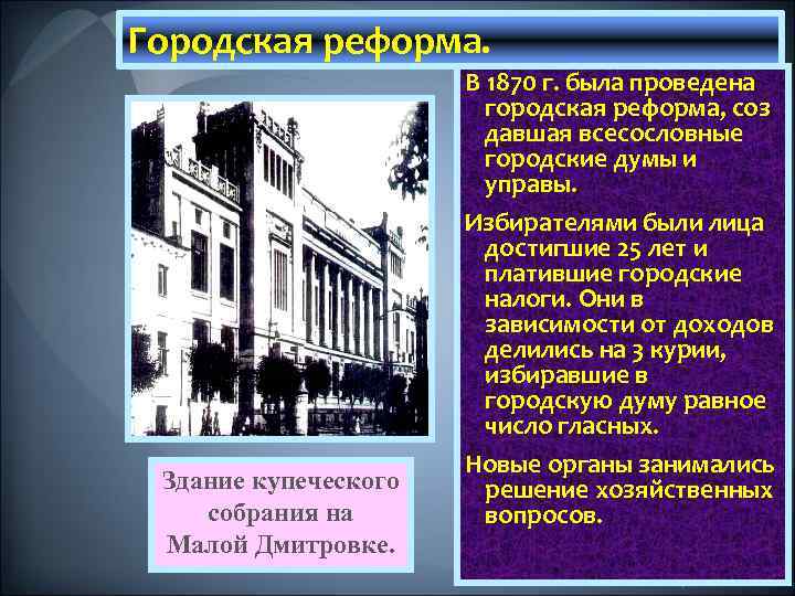 Городская реформа. Здание купеческого собрания на Малой Дмитровке. В 1870 г. была проведена городская