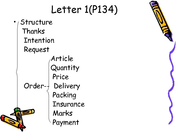 Letter 1(P 134) • Structure Thanks Intention Request Article Quantity Price Order-- Delivery Packing