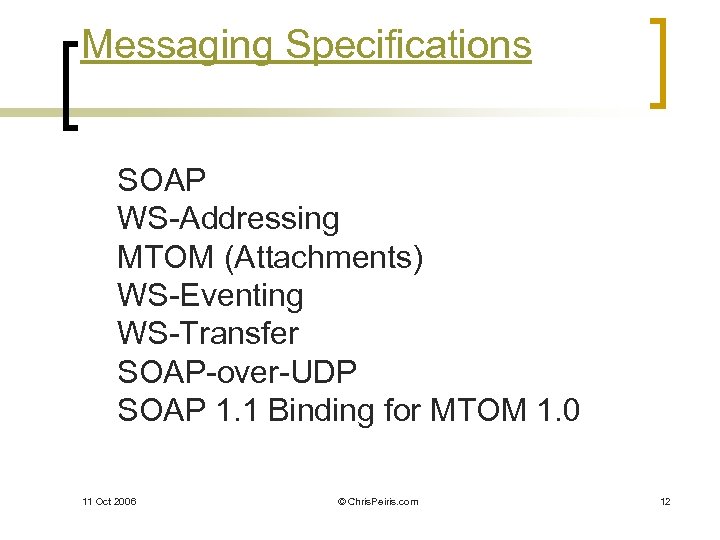 Messaging Specifications SOAP WS-Addressing MTOM (Attachments) WS-Eventing WS-Transfer SOAP-over-UDP SOAP 1. 1 Binding for