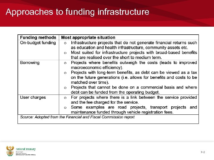 Approaches to funding infrastructure Ø 8 