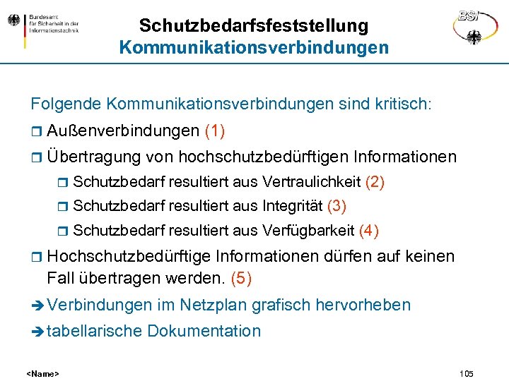 Schutzbedarfsfeststellung Kommunikationsverbindungen Folgende Kommunikationsverbindungen sind kritisch: r Außenverbindungen (1) r Übertragung von hochschutzbedürftigen Informationen