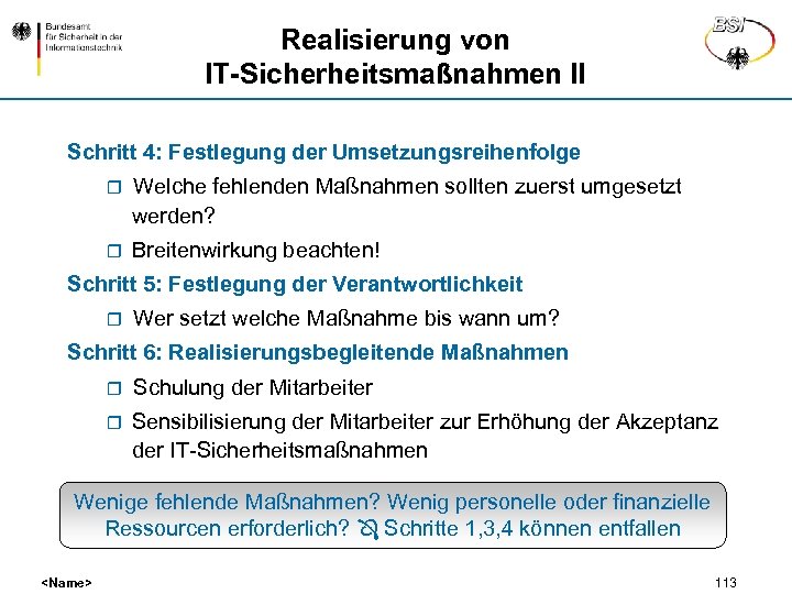 Realisierung von IT-Sicherheitsmaßnahmen II Schritt 4: Festlegung der Umsetzungsreihenfolge r Welche fehlenden Maßnahmen sollten