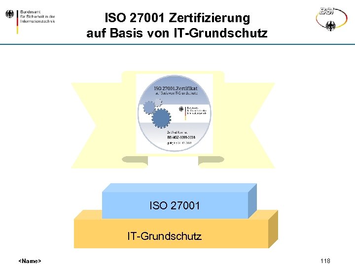 ISO 27001 Zertifizierung auf Basis von IT-Grundschutz ISO 27001 IT-Grundschutz <Name> 118 