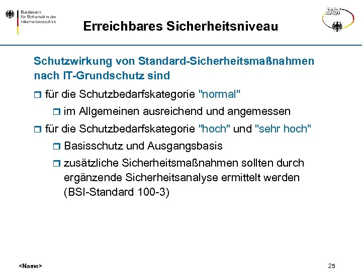 Erreichbares Sicherheitsniveau Schutzwirkung von Standard-Sicherheitsmaßnahmen nach IT-Grundschutz sind r für die Schutzbedarfskategorie 