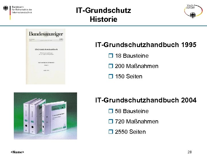 IT-Grundschutz Historie IT-Grundschutzhandbuch 1995 r 18 Bausteine r 200 Maßnahmen r 150 Seiten IT-Grundschutzhandbuch