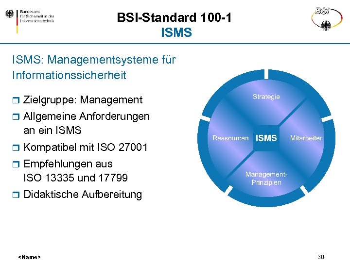 BSI-Standard 100 -1 ISMS: Managementsysteme für Informationssicherheit r Zielgruppe: Management r Allgemeine Anforderungen an