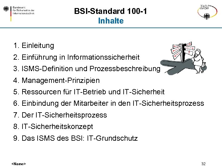 BSI-Standard 100 -1 Inhalte 1. Einleitung 2. Einführung in Informationssicherheit 3. ISMS-Definition und Prozessbeschreibung