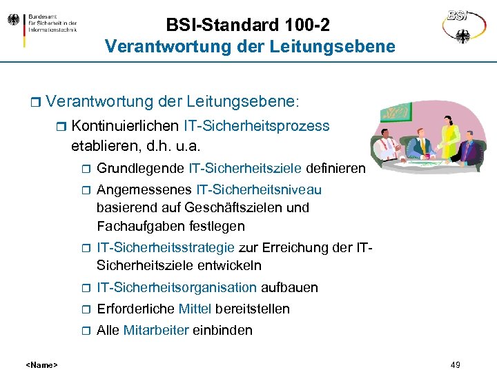 BSI-Standard 100 -2 Verantwortung der Leitungsebene r Verantwortung der Leitungsebene: r Kontinuierlichen IT-Sicherheitsprozess etablieren,