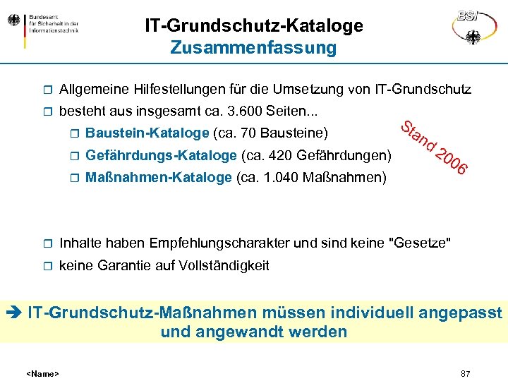 IT-Grundschutz-Kataloge Zusammenfassung r Allgemeine Hilfestellungen für die Umsetzung von IT-Grundschutz r besteht aus insgesamt