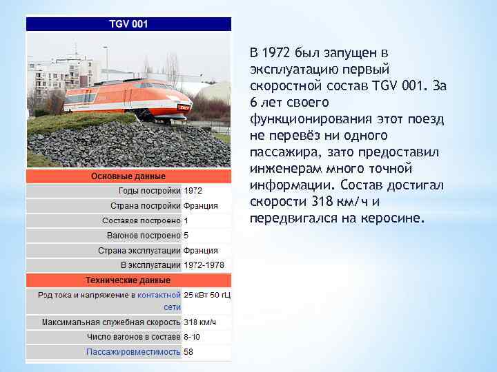 В 1972 был запущен в эксплуатацию первый скоростной состав TGV 001. За 6 лет