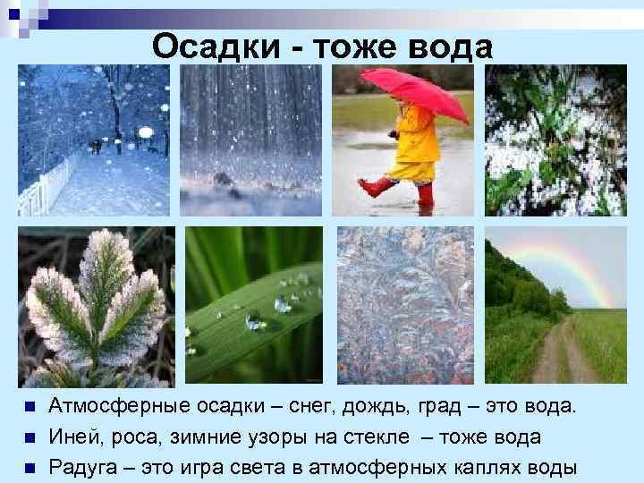 Осадки - тоже вода n n n Атмосферные осадки – снег, дождь, град –