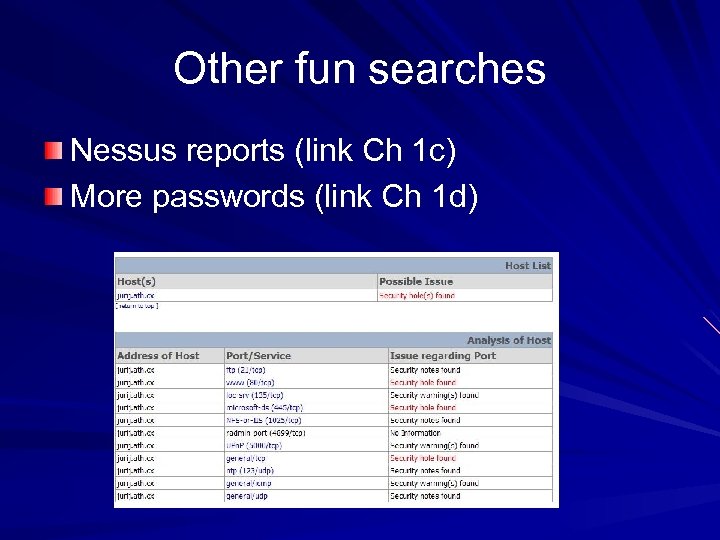 Other fun searches Nessus reports (link Ch 1 c) More passwords (link Ch 1