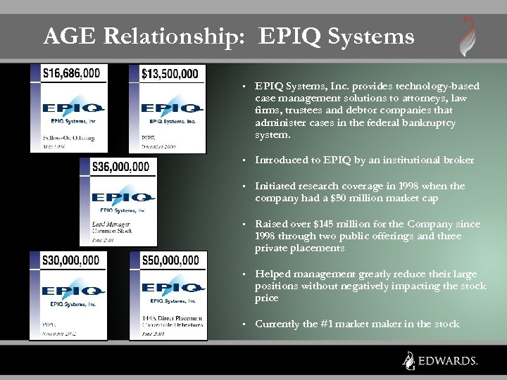 AGE Relationship: EPIQ Systems • EPIQ Systems, Inc. provides technology-based case management solutions to