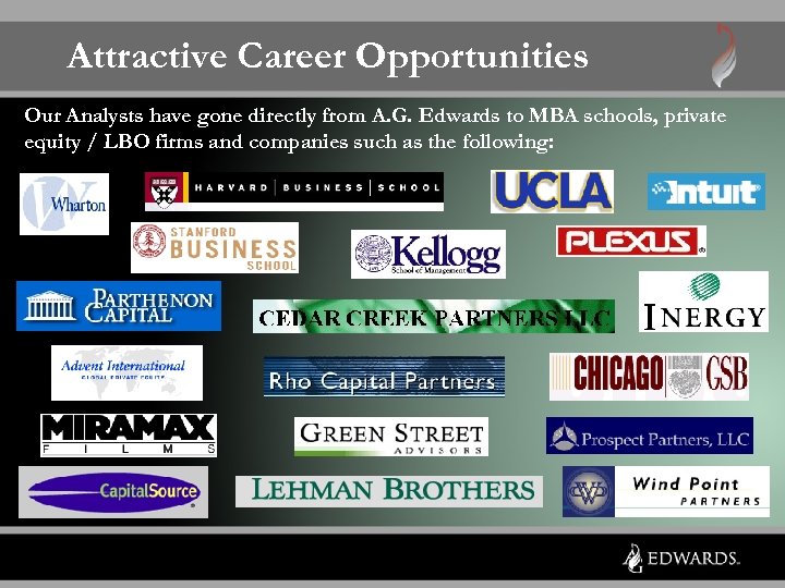 Attractive Career Opportunities Our Analysts have gone directly from A. G. Edwards to MBA