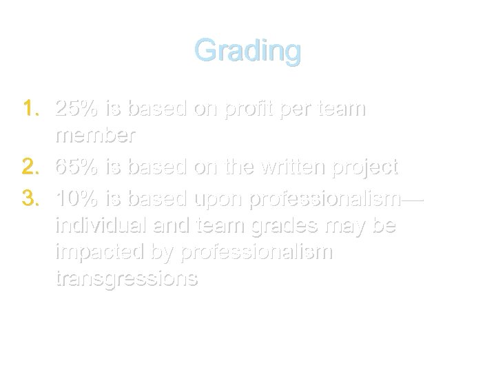 Grading 1. 25% is based on profit per team member 2. 65% is based