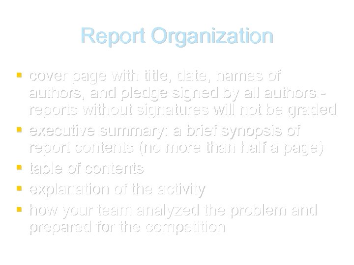 Report Organization cover page with title, date, names of authors, and pledge signed by