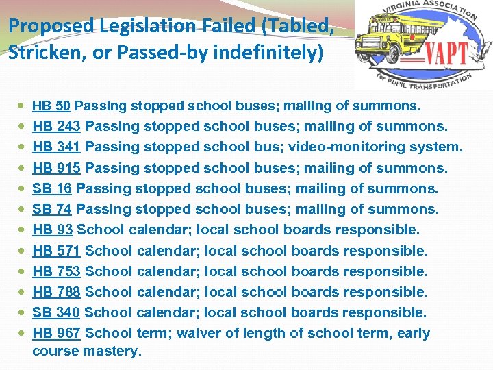 Proposed Legislation Failed (Tabled, Stricken, or Passed-by indefinitely) HB 50 Passing stopped school buses;