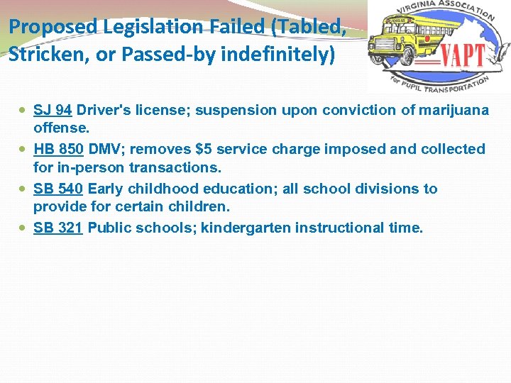 Proposed Legislation Failed (Tabled, Stricken, or Passed-by indefinitely) SJ 94 Driver's license; suspension upon