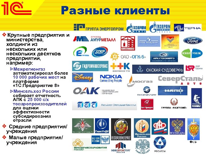 Разные клиенты Крупные предприятия и министерства, холдинги из нескольких или нескольких десятков предприятий, например: