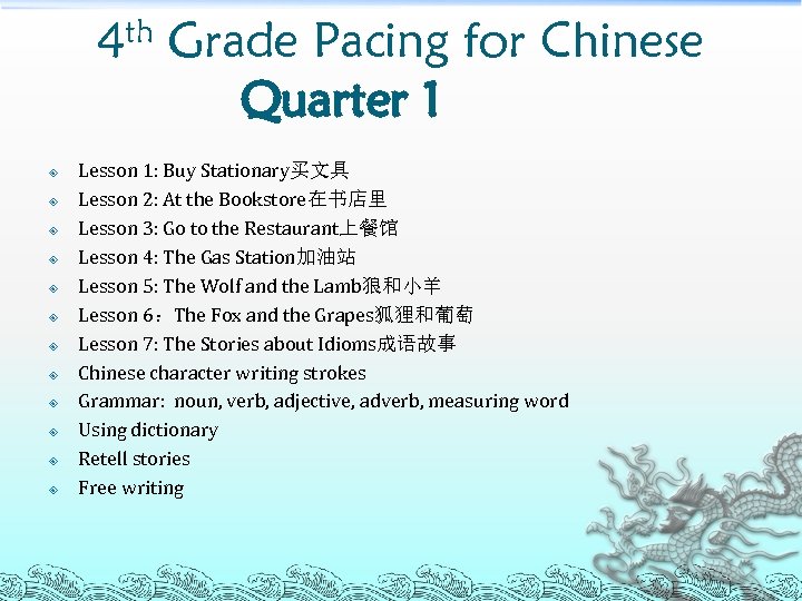 4 th Grade Pacing for Chinese Quarter 1 Lesson 1: Buy Stationary买文具 Lesson 2: