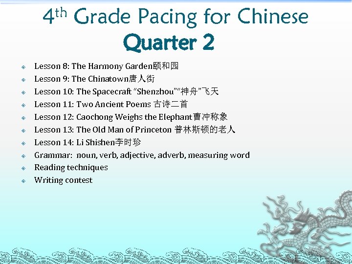 th 4 Grade Pacing for Chinese Quarter 2 Lesson 8: The Harmony Garden颐和园 Lesson