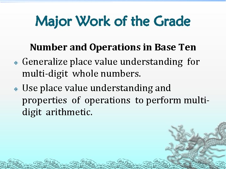 Major Work of the Grade Number and Operations in Base Ten Generalize place value