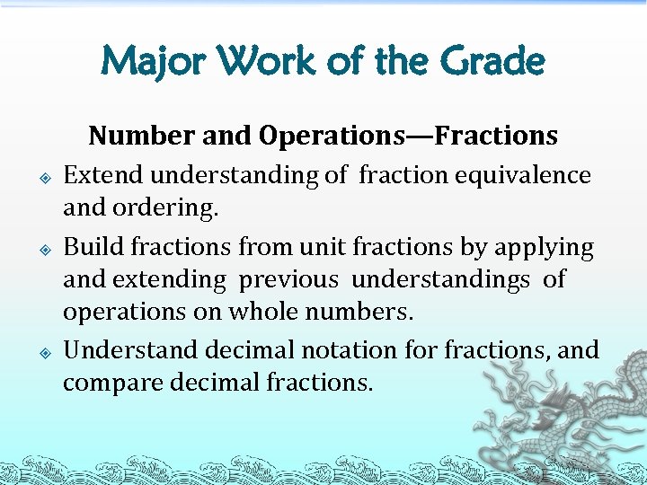Major Work of the Grade Number and Operations—Fractions Extend understanding of fraction equivalence and