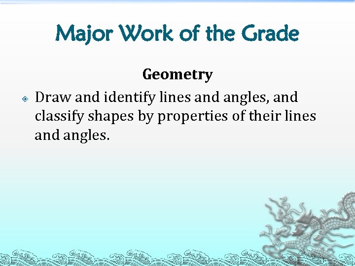Major Work of the Grade Geometry Draw and identify lines and angles, and classify