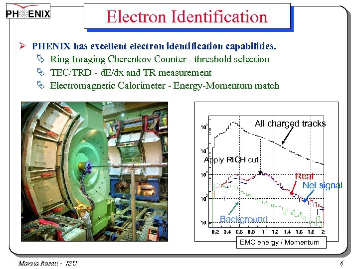 Electron Identification Ø PHENIX has excellent electron identification capabilities. Ä Ring Imaging Cherenkov Counter