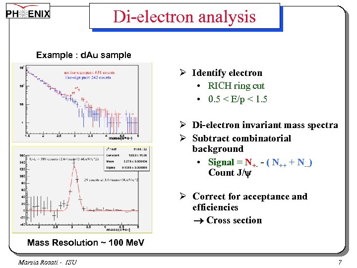 Di-electron analysis Example : d. Au sample Ø Identify electron • RICH ring cut