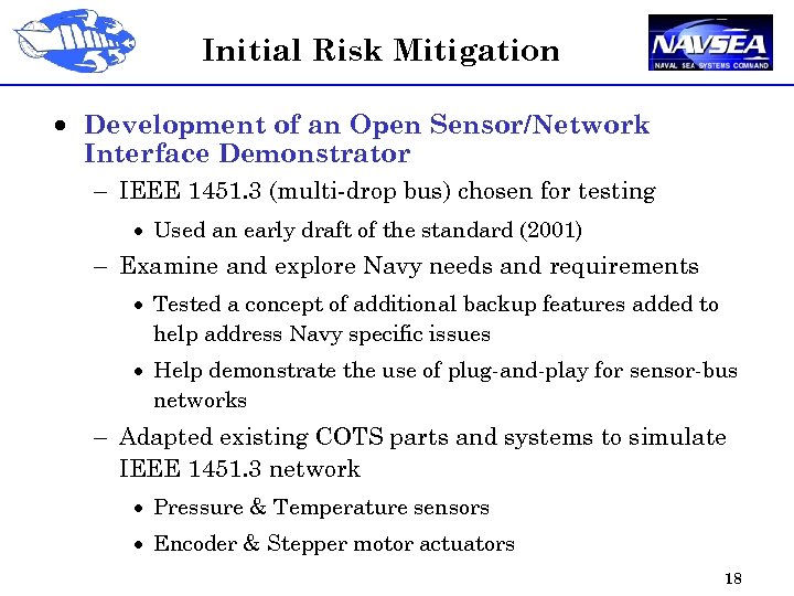 Initial Risk Mitigation · Development of an Open Sensor/Network Interface Demonstrator - IEEE 1451.
