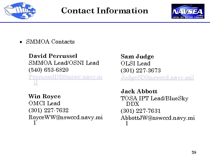 Contact Information · SMMOA Contacts David Perrussel SMMOA Lead/OSNI Lead (540) 653 -6820 Perrussel.