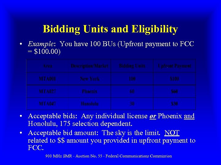 Bidding Units and Eligibility • Example: You have 100 BUs (Upfront payment to FCC