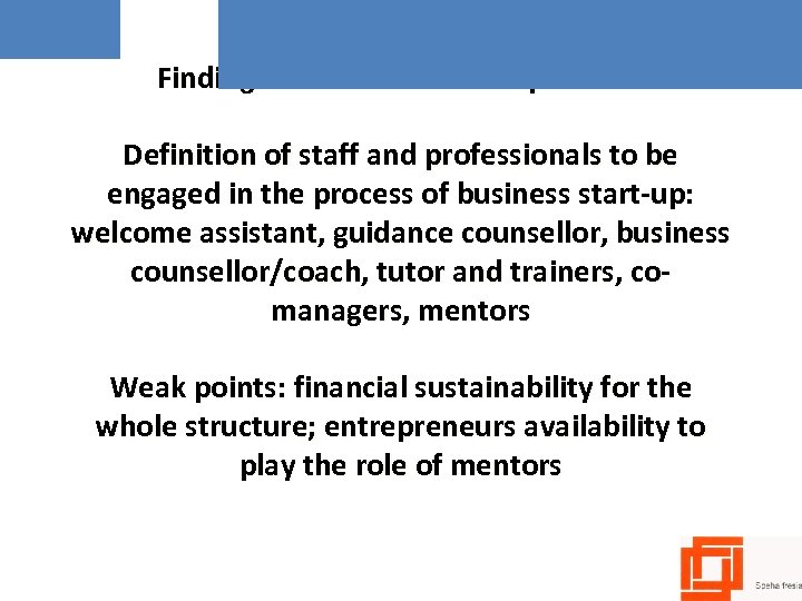 Findings from Incubators experience Definition of staff and professionals to be engaged in the