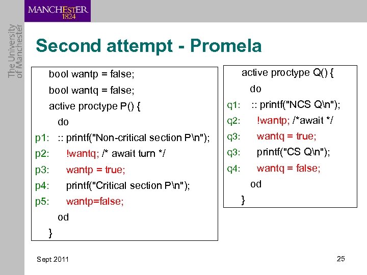 Second attempt - Promela active proctype Q() { bool wantp = false; do bool