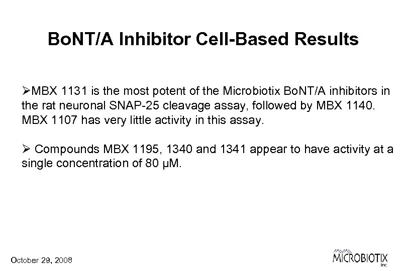 Bo. NT/A Inhibitor Cell-Based Results ØMBX 1131 is the most potent of the Microbiotix