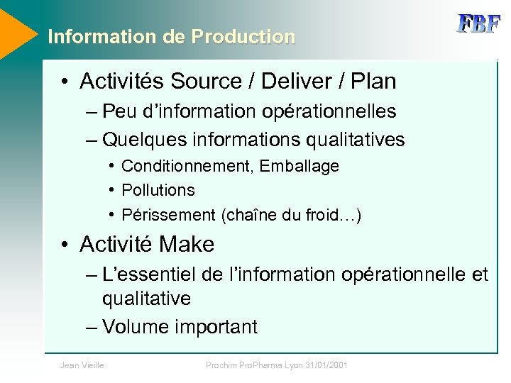 Information de Production • Activités Source / Deliver / Plan – Peu d’information opérationnelles