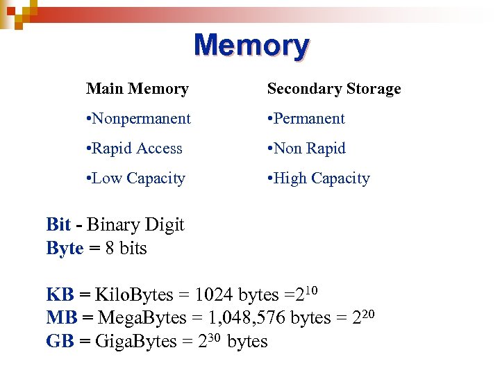Memory Main Memory Secondary Storage • Nonpermanent • Permanent • Rapid Access • Non
