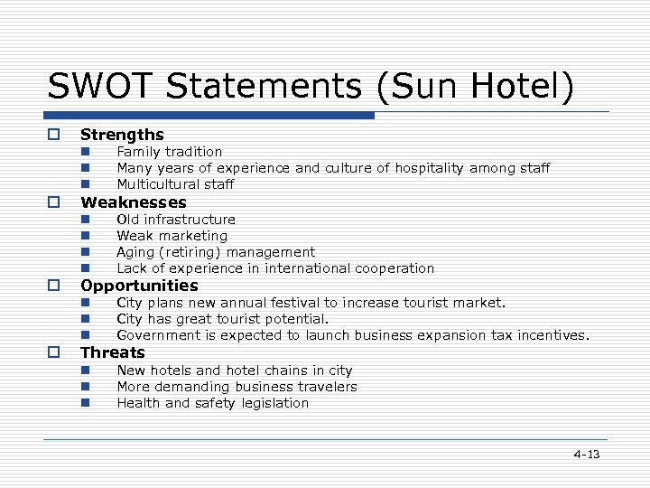 SWOT Statements (Sun Hotel) o Strengths n n n n o o Old infrastructure