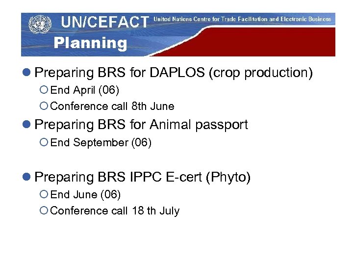 Planning l Preparing BRS for DAPLOS (crop production) ¡ End April (06) ¡ Conference