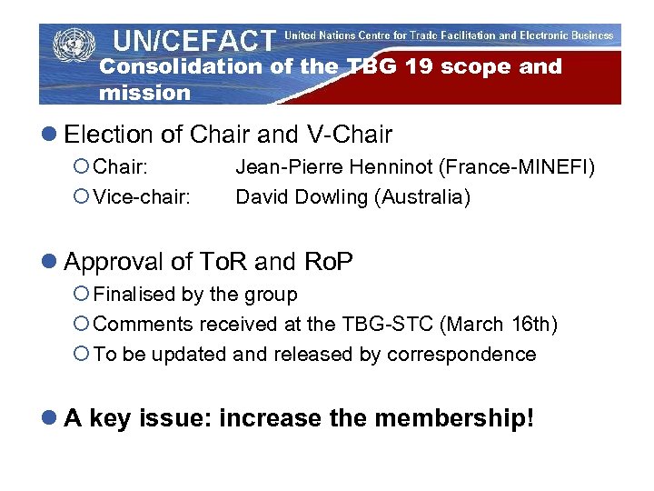 Consolidation of the TBG 19 scope and mission l Election of Chair and V-Chair