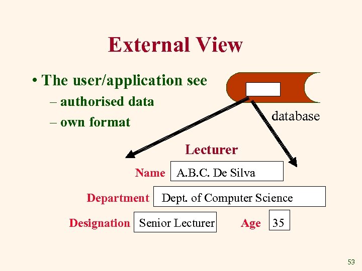 External View • The user/application see – authorised data – own format database Lecturer