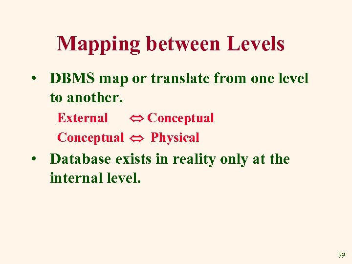 Mapping between Levels • DBMS map or translate from one level to another. External