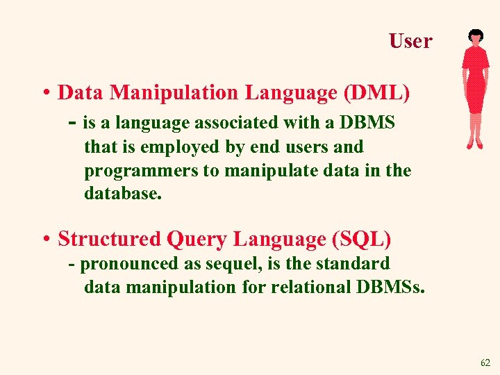 User • Data Manipulation Language (DML) - is a language associated with a DBMS