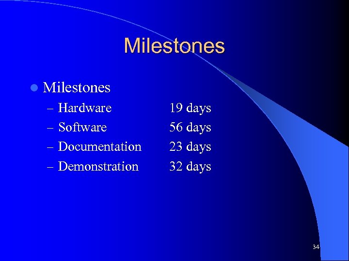 Milestones l Milestones – Hardware – Software – Documentation – Demonstration 19 days 56
